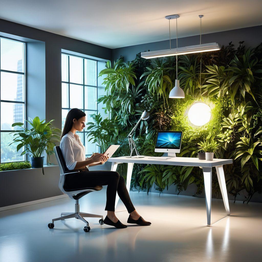 A sleek, modern workspace featuring a person interacting with various digital devices, including a tablet, smartphone, and laptop, surrounded by futuristic decor and ambient lighting. In the background, elements of nature like plants blend with technology, creating a harmonious lifestyle-tech fusion. A visually engaging representation of the digital-age lifestyle. super-realistic. vibrant colors. white background.