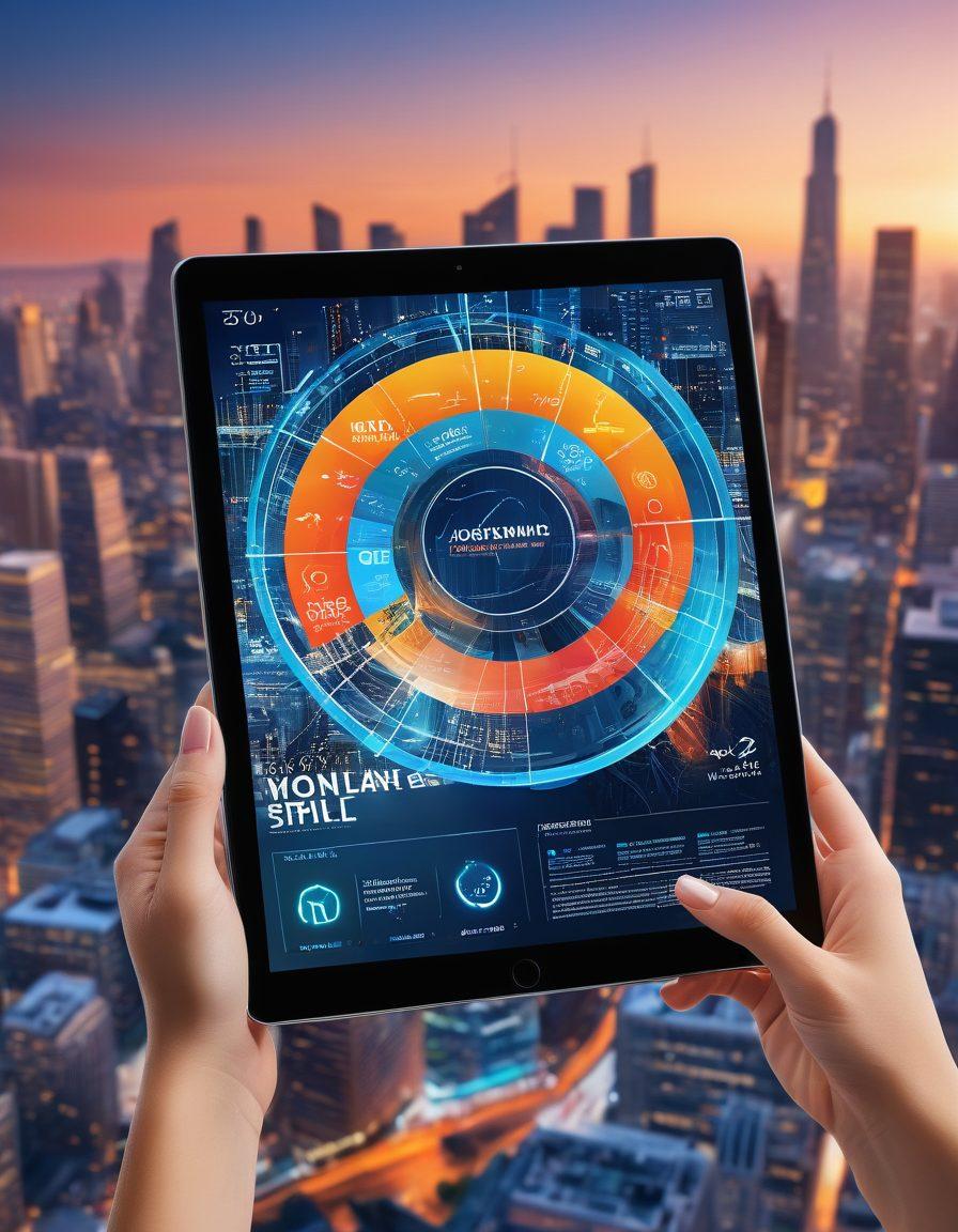 A sleek, modern digital magazine interface displaying trending lifestyle and technology articles. Include elements such as futuristic gadgets, healthy lifestyle icons, and vibrant infographics emerging from a tablet. The background should portray a blend of a city skyline and digital world, symbolizing innovation. Capture a sense of movement and progress. super-realistic. vibrant colors. 3D.