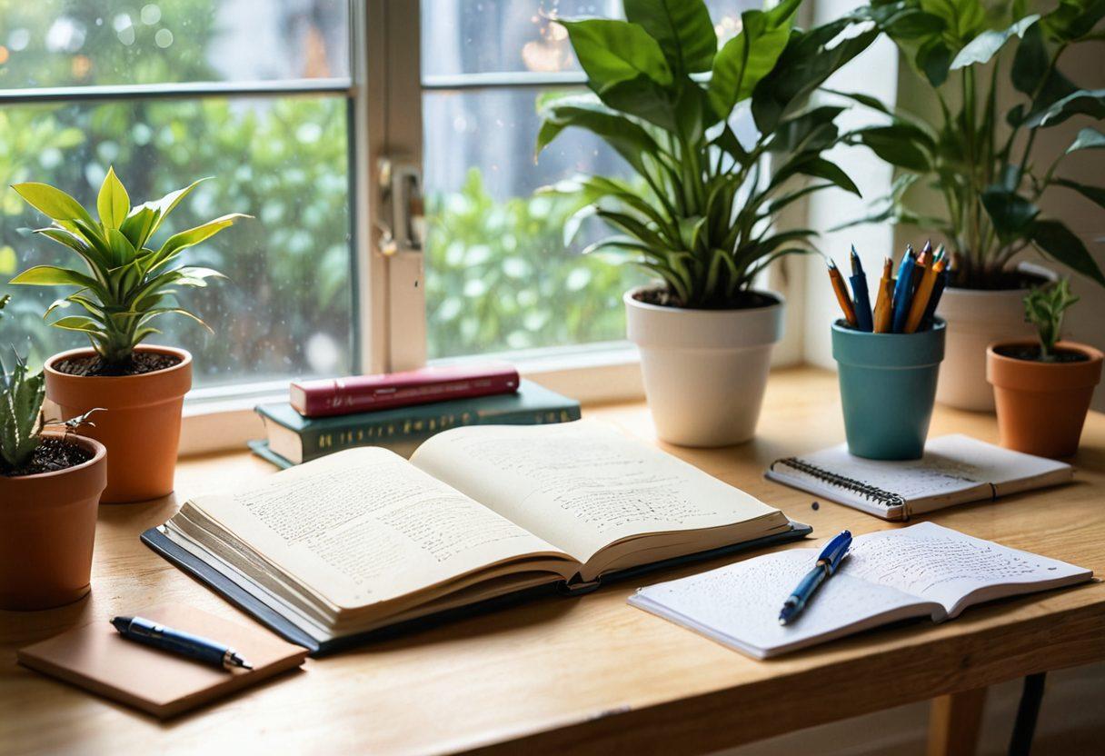 A serene workspace featuring an open journal with motivational quotes and colorful pens scattered around, a glowing computer screen displaying a self-improvement website, potted plants in the background symbolizing growth, sunlight streaming through a window casting warm light on the scene. super-realistic. vibrant colors. soft focus.